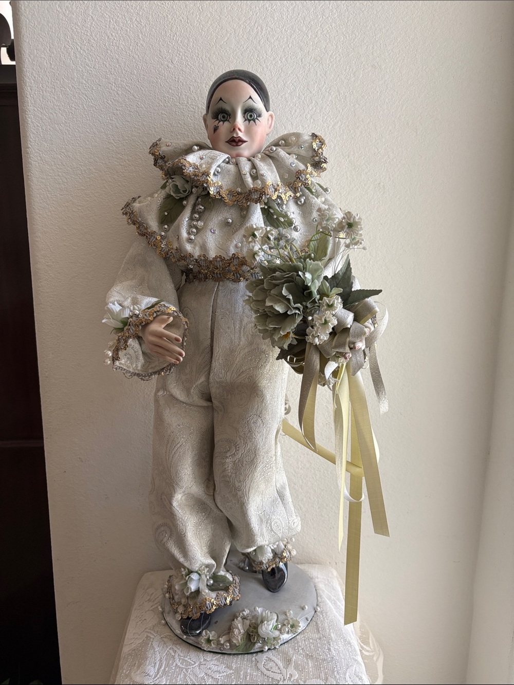 Lg Porcelain Clown Pierrot Harlequin  Figurine Doll Artist One Of a Kind